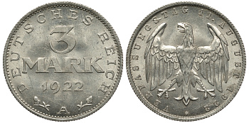 Германия 3 марки 1922 A, третья годовщина Веймарской Конституции KM 29, J. 303 алюминий 413-5021