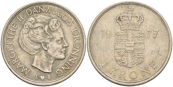 Дания 1 крона 1977 S; B, Маргарете II (1972- ) KM 862.1 медно-никель 4388-446