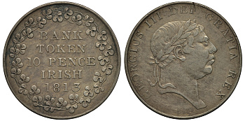 Ирландия 10 пенсов 1813 Георг III, банк Ирландии, банковский токен KM Tn5 серебро 1525-1024