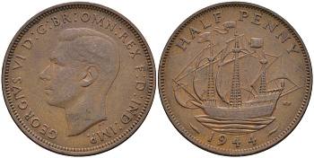 Великобритания 1/2 пенни 1944 Георг VI (1936-1952) KM 844, Spink 4115 бронза 4592-342