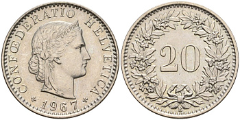 Швейцария 20 раппенов 1967 B KM 29a медно-никель 4606-813