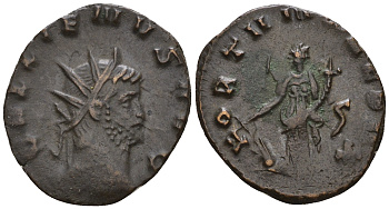 Римская Империя антониниан 265 Галлиен, GALLIENVS AVG, бюст императора / FORTVNA REDVX, Фортуна, богиня Удачи, Рим RIC 193 биллон 1073-25-17