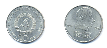 ГДР 20 марок 1972 А, Фридрих Шиллер (1759-1805) KM 40 медно-никель 3333-815