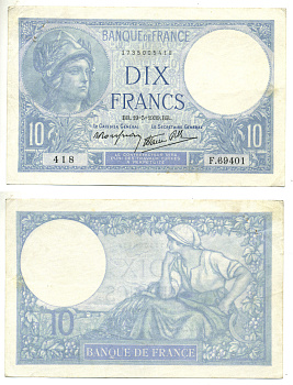 ФРАНЦИЯ 10 ФРАНКОВ 1939 19 МАЯ 1939 Pick 84 бумага 3295-12-1