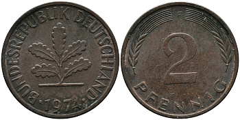ФРГ 2 пфеннига 1974 F KM 106а, J.381а сталь плакированная медью 99-221