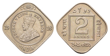 Британская Индия 2 анны 1918 Георг V (1910-1936) KM 516 медно-никель 1530-642