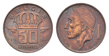 Бельгия 50 сантимов 1994 Belgie, Бодуэн I (1951-1993) KM 149 бронза 4705-316