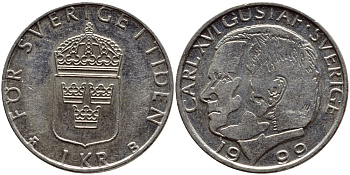 Швеция 1 крона 1999 Карл XVI Густав (1973- ) KM 852a медно-никель 89-313