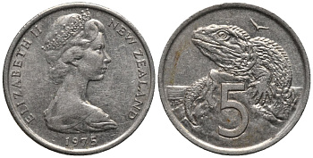 Новая Зеландия 5 центов 1975 Елизавета II (1952-2022), ящерица гаттерия KM 34.1 медно-никель 75-1017