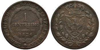 ИТАЛИЯ, САРДИНИЯ 1 ЧЕНТЕЗИМО 1826 EAGLE HEAD, P KM 98.2 медь 100-532