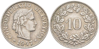 ШВЕЙЦАРИЯ 10 РАППЕНОВ 1947 В KM 27 медно-никель 206-121