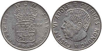 Швеция 1 крона 1972 Густав VI Адольф (1950-1973) KM 826a медь плакированная медно-никелем 4390-313