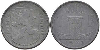 БЕЛЬГИЯ 1 ФРАНК 1942 BELGIE-BELGIQUE KM 128 цинк 4546-235