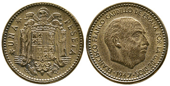 Испания 1 песета 1947 (53) Франсиско Франко (1939-1975) KM 775 алюминиевая бронза 4385-1057