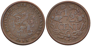 НИДЕРЛАНДЫ 1/2 ЦЕНТА 1912 ВИЛЬГЕЛЬМИНА (1890-1948) KM 138 бронза 39-162