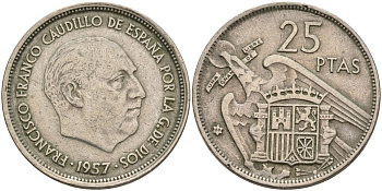 Испания 25 песет 1957 (69) Франсиско Франко (1939 - 1975) KM 787 медно-никель 4149-1031
