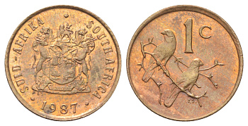 ЮАР 1 цент 1987 герб, капские воробьи KM 82 бронза UNC 4696-934