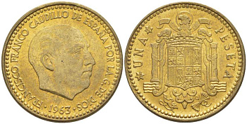 ИСПАНИЯ 1 ПЕСЕТА 1963 (65) ФРАНЦИСКО ФРАНКО ДИКТАТОР ИСПАНИИ (1939-1975) KM 775 алюминиевая бронза аUNC 4380-1255
