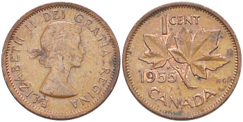 КАНАДА 1 ЦЕНТ 1955 КЛЕНОВЫЙ ЛИСТ, ЕЛИЗАВЕТА II (1952-) KM 49 бронза 218-829