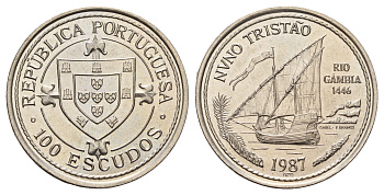 Португалия 100 эскудо 1987 Золотой век открытий - Нуну Триштан KM 640 медно-никель UNC 74-611