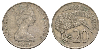 Новая Зеландия 20 центов 1975 Елизавета II (1952-2022), птичка киви KM 36.1 медно-никель 4182-1017