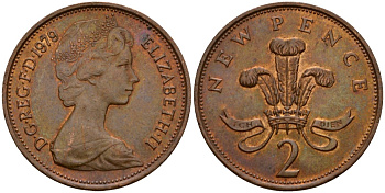 Великобритания 2 пенса 1979 Елизавета II (1952-2022) KM 916, Spink 4235 (C1) бронза 4601-437