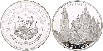 Либерия 20 долларов 2001 серия церкви Европы, Финляндия, микроцарапины KM серебро PROOF 1088-5-44