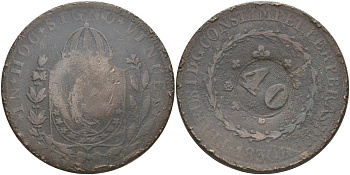 Бразилия 40 рейс 1835 R, провинция ICO, надчеканка на 80 рейсах 1830 Педро I (1822-1831) KM 444.1 медь 00-1067-4-32