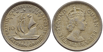 Британские Восточно-Карибские территории 10 центов 1955 Елизавета II (1952-2022), парусник KM 5 медно-никель 4387-264