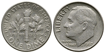 США 10 центов (дайм) 1967 Рузвельт KM 195а медь плакированная медно-никелем 37-229