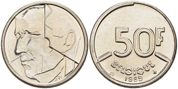 БЕЛЬГИЯ 50 ФРАНКОВ 1989 BELGIQUE, БОДУЭН I (1951-1993) KM 168 никель 4398-722