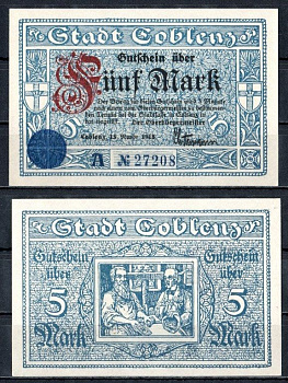 Кобленц (Пруссия, Рейн) 5 марок 1918 Geiger 082.01a бумага UNC (пресс) 7555-56-1-1