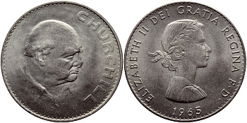 Великобритания 1 крона (5 шиллингов) 1965 Уинстон Черчилль, Елизавета II (1952-2022) KM 910, Spink 4144 медно-никель 4368-623