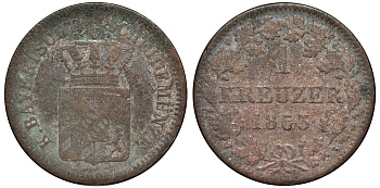 Бавария 1 крейцер 1863 Максимилиан II (1848-1864) KM 473 серебро 75-1666