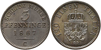 ПРУССИЯ 3 ПФЕННИГА 1867 С, ВИЛЬГЕЛЬМ I (1861-1888) KM 482 медь UNC 4448-1113