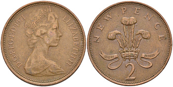 Великобритания 2 пенса 1971 Елизавета II (1952-2022) KM 916, Spink 4235 (C1) бронза 4593-826