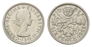 Великобритания 6 пенсов 1955 Елизавета II (1952-2022) KM 903, Spink 4149 медно-никель 4651-1153