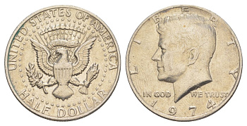 США 1/2 доллара (50 центов) 1974 Джон Кеннеди KM 202b медь плакированная медно-никелем aUNC 4536-811