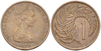 Новая Зеландия 1 цент 1975 Елизавета II (1952-2022), лист папоротника KM 31.1 бронза 112-1134