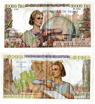 Франция 10000 франков 1953 Женщина с книгой, глобусом. Женщина с блокнотом, инструментами Pick 132 d бумага 451-1080-1