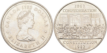 КАНАДА 1 ДОЛЛАР 1982 115 ЛЕТ КОНСТИТУЦИИ KM 134 никель aUNC 63-544