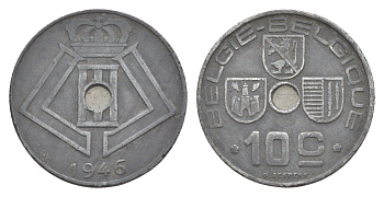 Бельгия 10 сантимов 1946 Belgie - Belgique, Леопольд III (1934-1951), германская оккупация, Вторая мировая война KM 126 цинк 4169-661