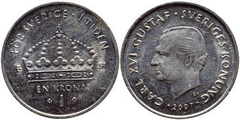 Швеция 1 крона 2007 Карл XVI Густав (1973- ) KM 894 медно-никель 93-1235