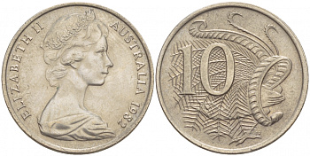 Австралия 10 центов 1982 Елизавета II (1952-), птица лирахвост KM 65 медно-никель UNC 4539-1121