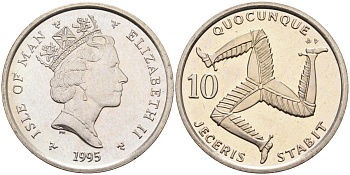 Остров Мэн 10 пенсов 1995 РМ, АD, герб, Елизавета II (1952) KM 209.1 медно-никель BUNC 4582-424