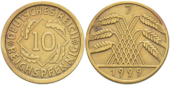 ГЕРМАНИЯ 10 РЕЙХСПФЕННИГОВ 1929 J KM 40, J. 317 алюминиевая бронза 202-317
