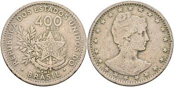 Бразилия 400 рейс 1901 голова свободы вправо KM 505 медно-никель 4367-213