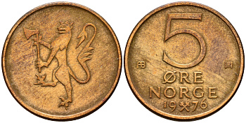 Норвегия 5 эре 1976  KM 415 бронза    4598-1216