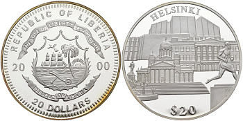 Либерия 20 долларов 2000 серия памятники архитектуры, Хельсинки серебро PROOF 01-168-24