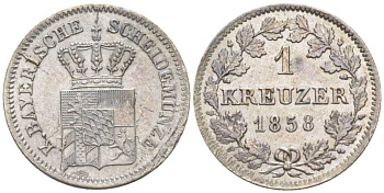 Бавария 1 крейцер 1858 Максимилиан II (1848-1864) KM 473 серебро 201-1016